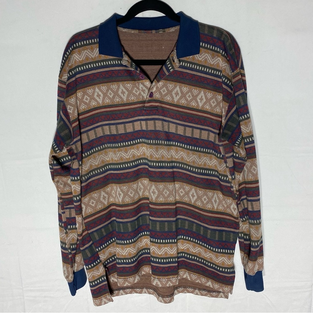 Vintage The Bay Tan Burgundy Navy Striped Multi Print Long Sleeve Polo Shirt S